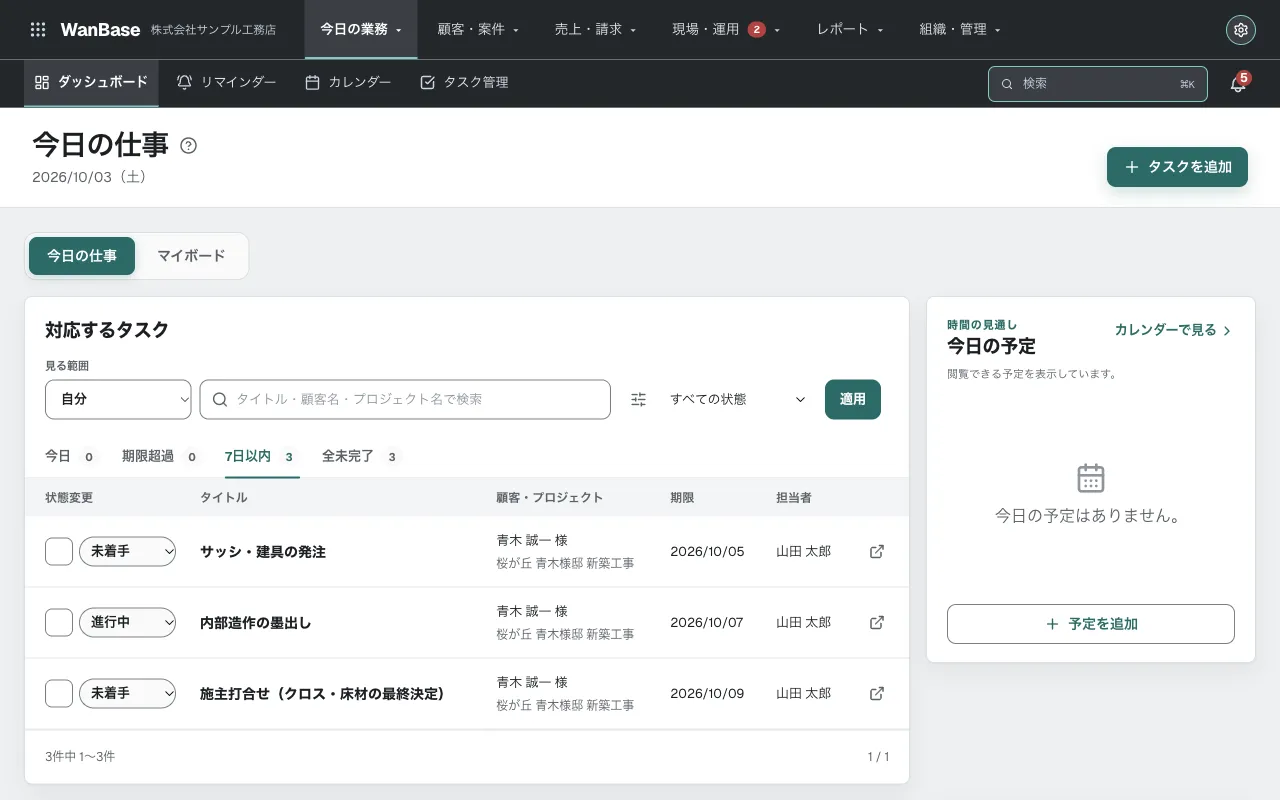 WanBaseの「今日の仕事」。7日以内に期限が来るタスクが、顧客・案件・期限・担当者つきで並び、右に今日の予定がある